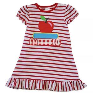 Red Stripe Ruffle Dress -Apple & Book Applique-3T